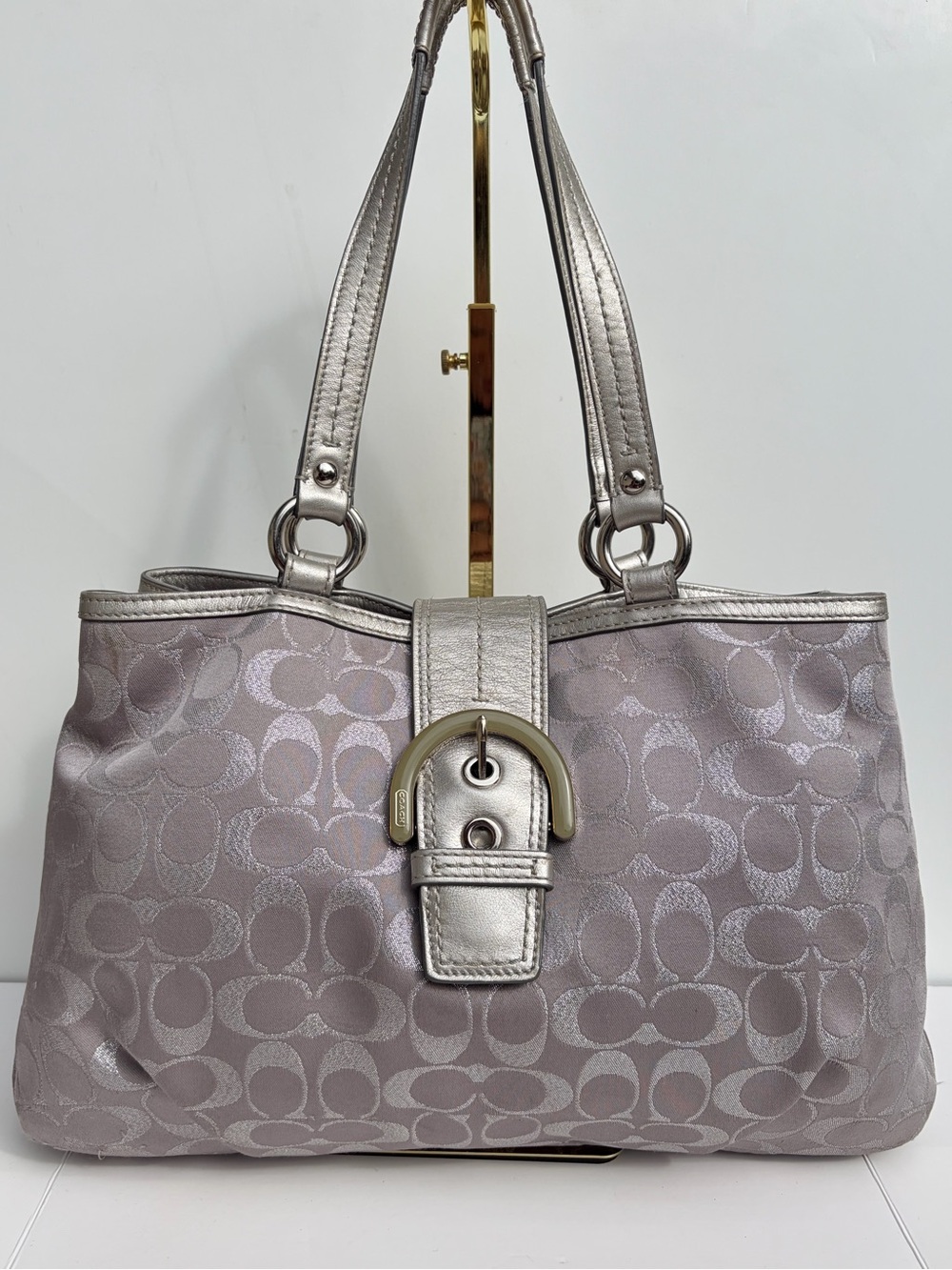 Vintage COACH Soho Signature C Metallic Silver Jacquard Carryall Tote Bag F18192